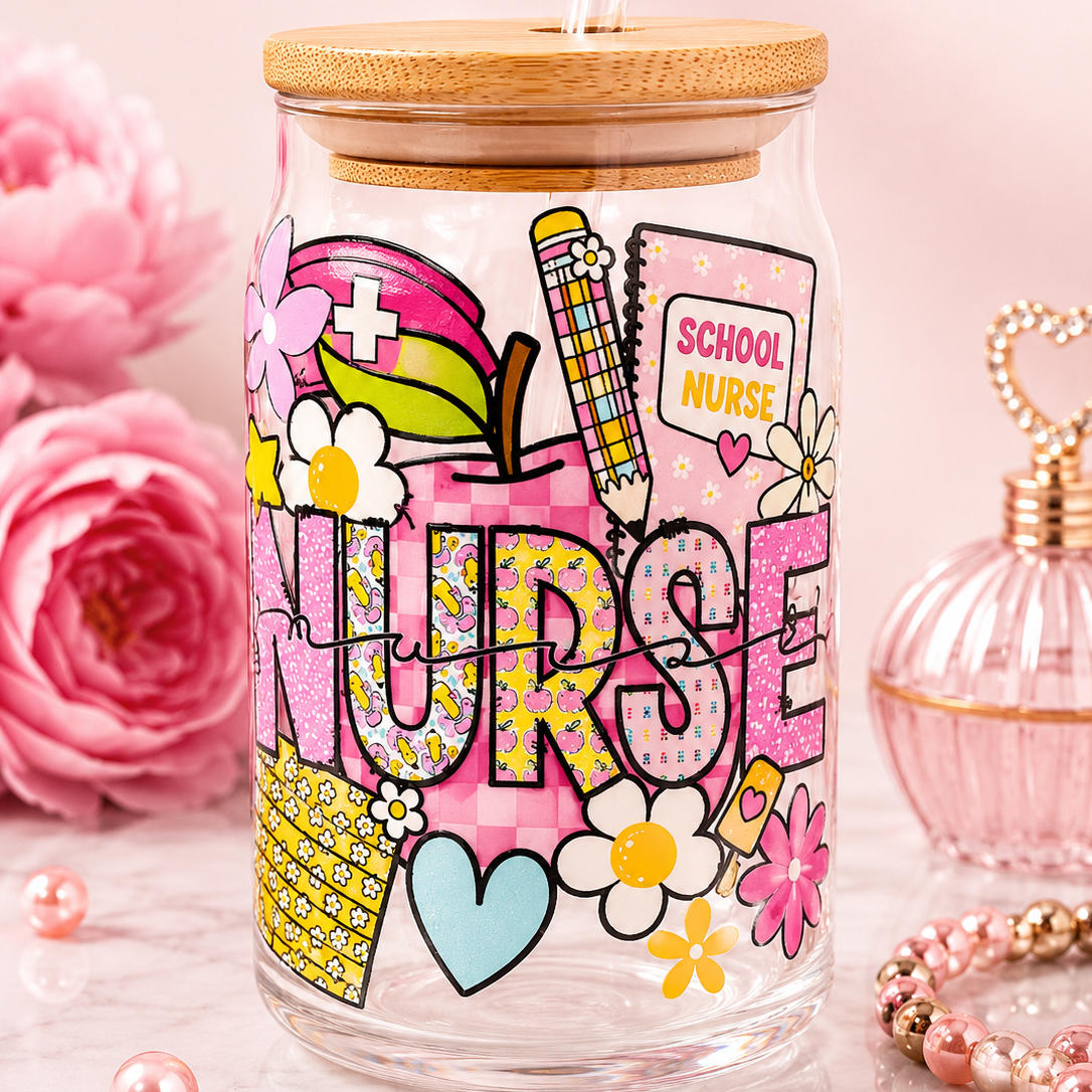 Nurse Life 16 oz Glass Can Cup with Bamboo Lid & Glass Straw