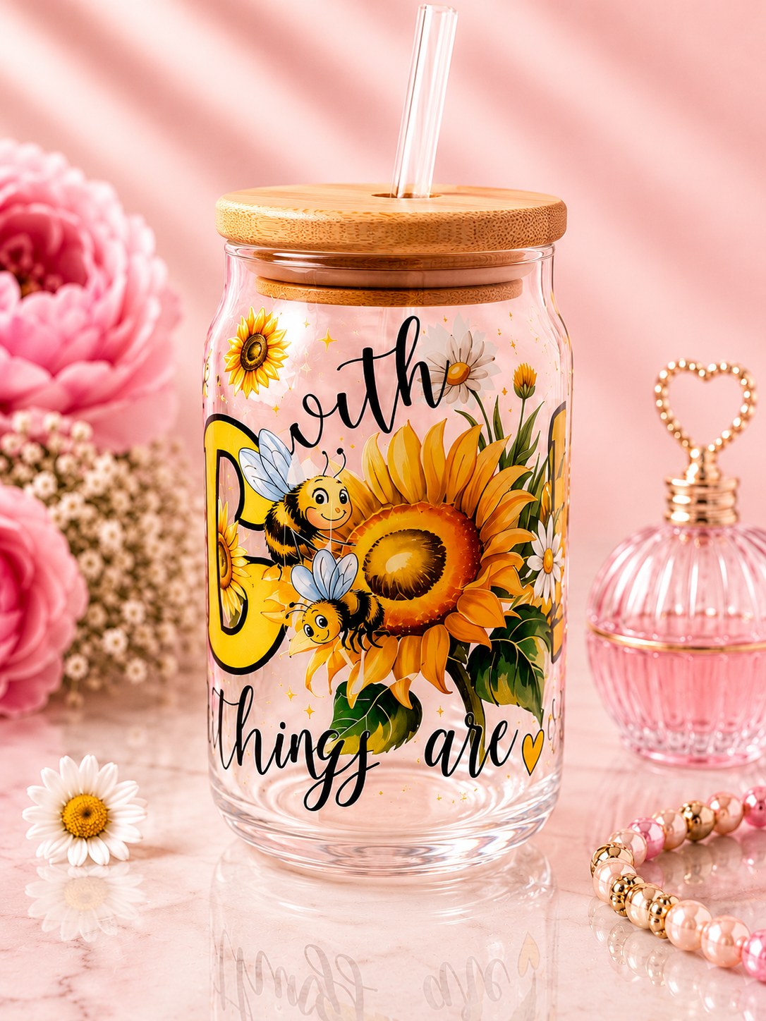 🌻 With God All Things Are Possible 16 oz Glass Can Cup with Bamboo Lid & Glass Straw