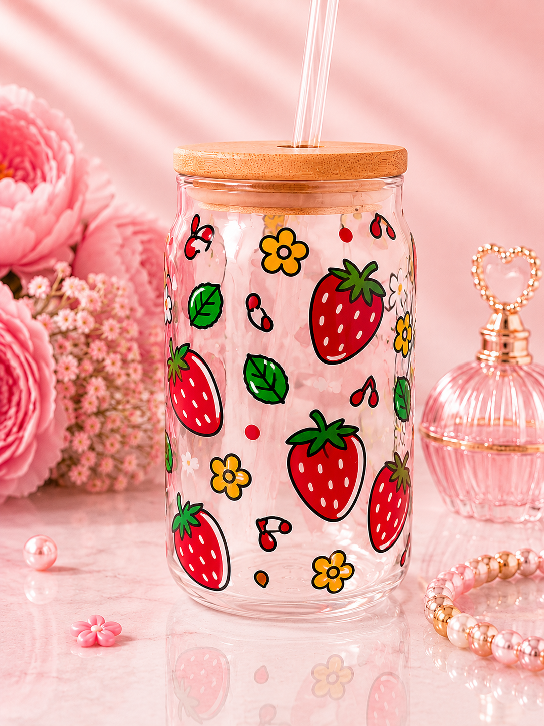 Strawberry Blossom 16 oz Glass Can Cup with Bamboo Lid & Glass Straw
