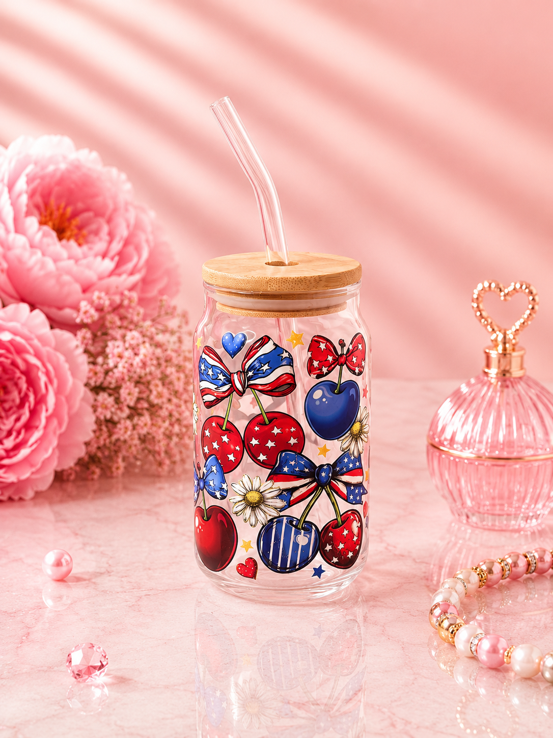 πΊπΈ Patriotic Cherry Glass Can Cup with Bamboo Lid β 16 oz