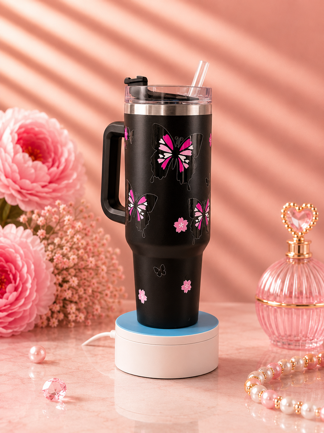 Pink Butterfly Stainless Steel Tumbler with Handle – 40 oz