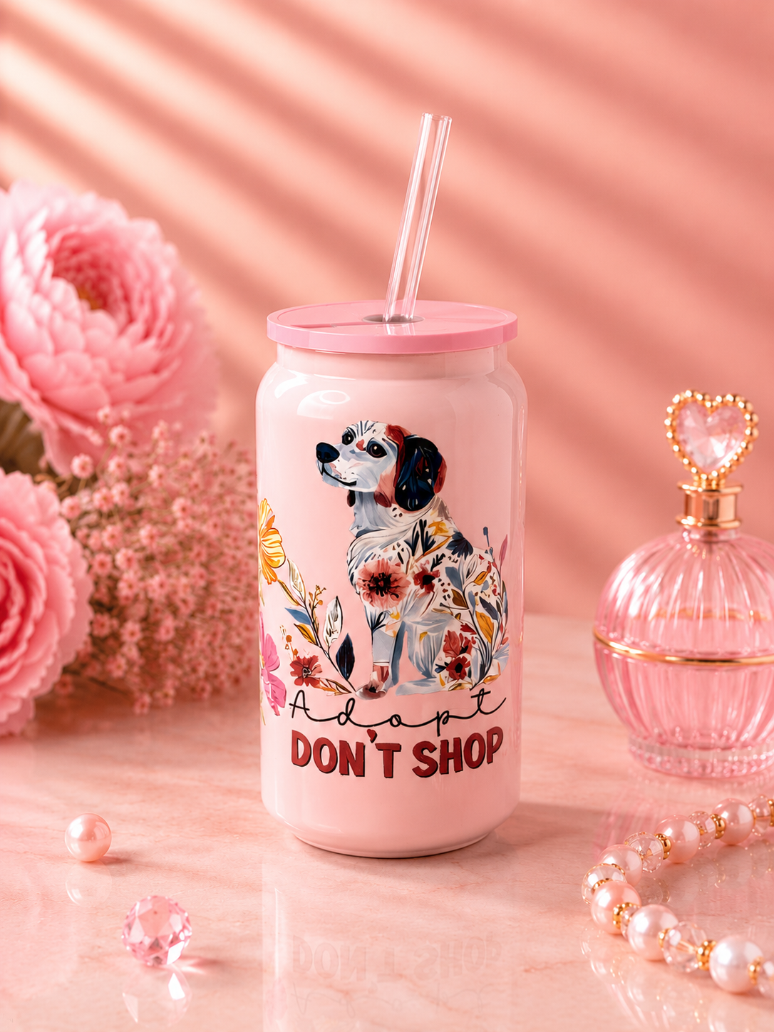 Adopt Don't Shop Glass Can Cup with Lid and Straw – 16 oz