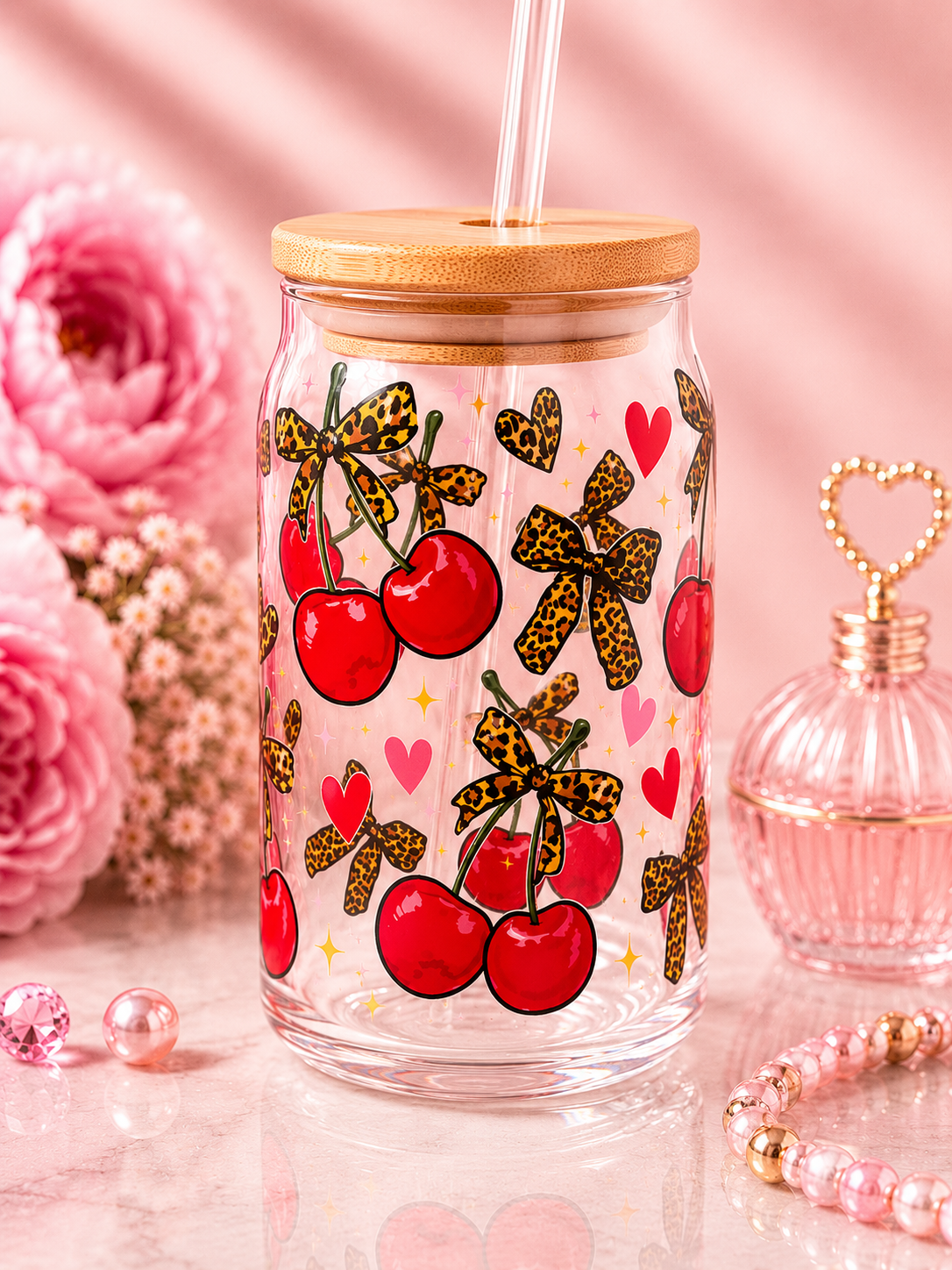 Cherry Kisses & Leopard Wishes Glass Can Cup with Bamboo Lid – 16 oz