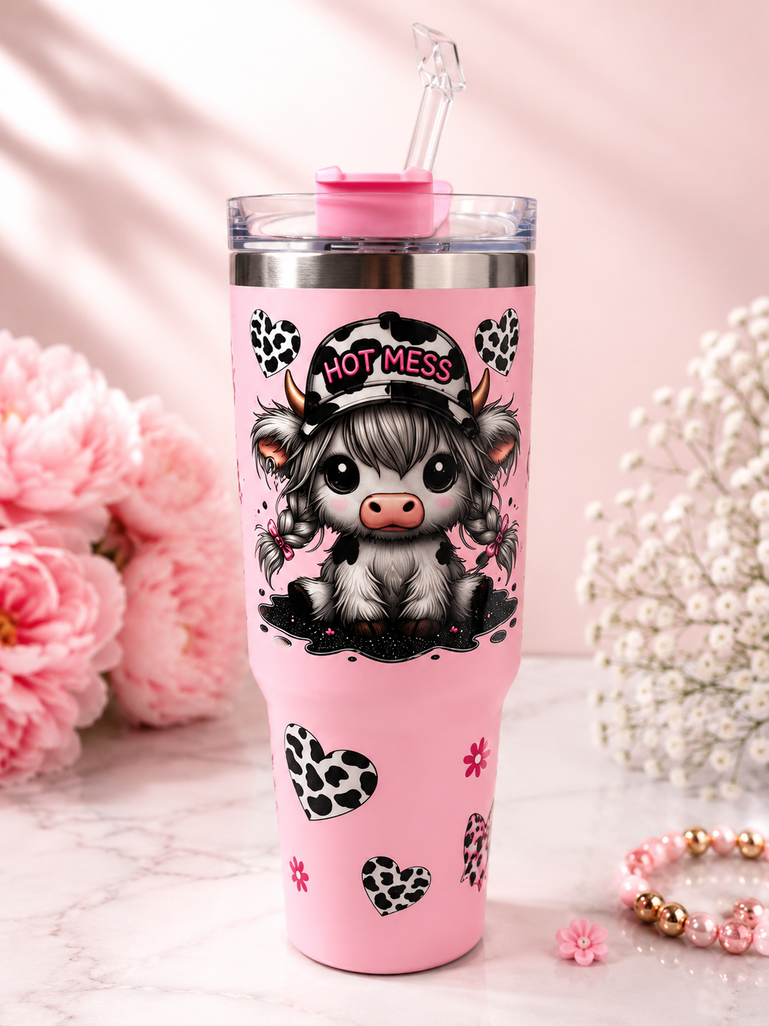 Hot Mess Highland Cow 40 oz Stainless Steel Tumbler – Pink Cow Print Travel Cup with Handle & Straw-Premade