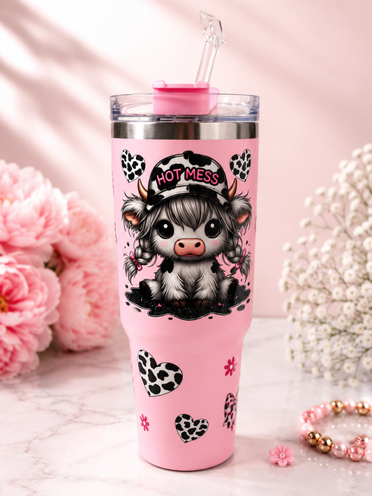 Hot Mess Highland Cow 40 oz Stainless Steel Tumbler – Pink Cow Print Travel Cup with Handle & Straw-Premade