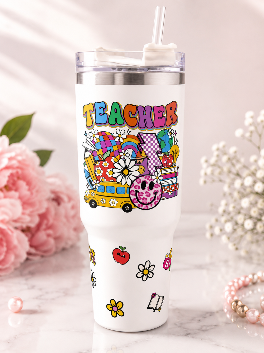 Teacher 40 oz Stainless Steel Tumbler – Colorful Retro Teacher Gift Cup with Handle & Straw- Premade