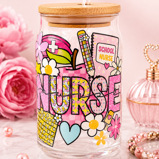Nurse Life 16 oz Glass Can Cup with Bamboo Lid & Glass Straw