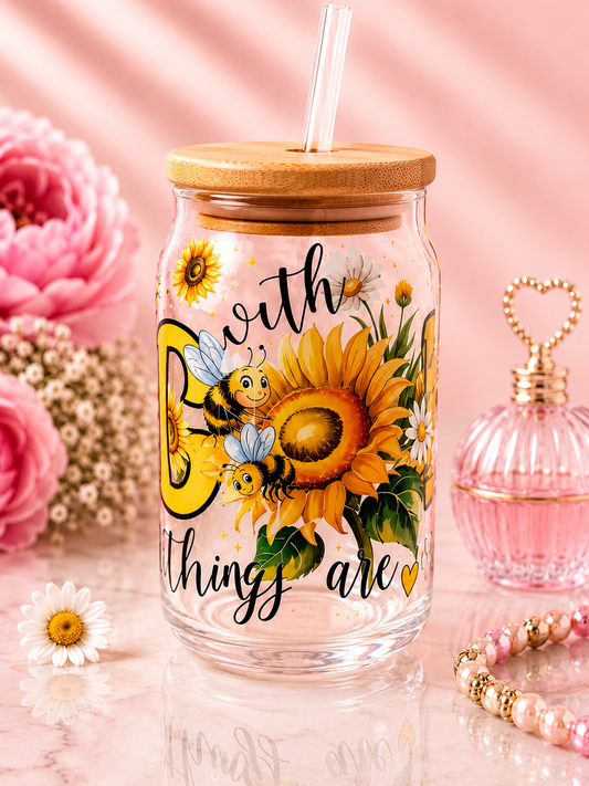 🌻 With God All Things Are Possible 16 oz Glass Can Cup with Bamboo Lid & Glass Straw