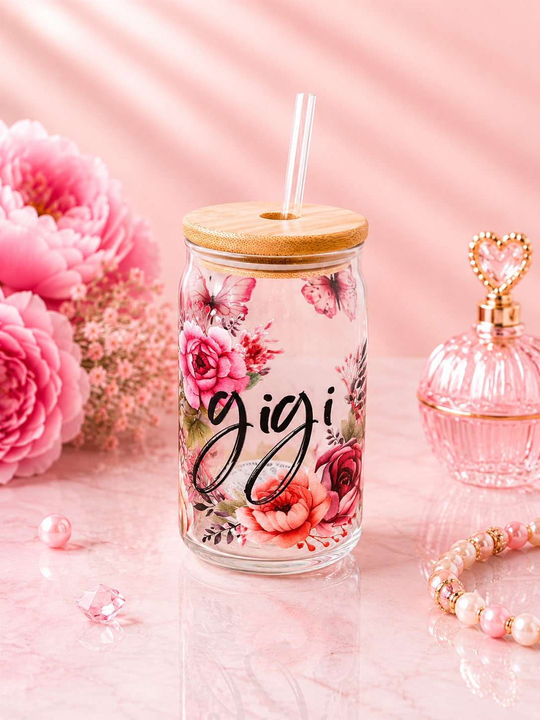 Personalized Floral Glass Can Cup with Bamboo Lid – Gigi-Premade