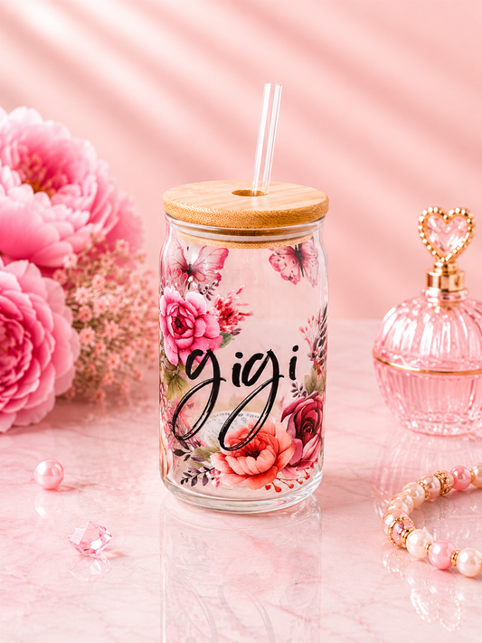 Personalized Floral Glass Can Cup with Bamboo Lid – Gigi-Premade