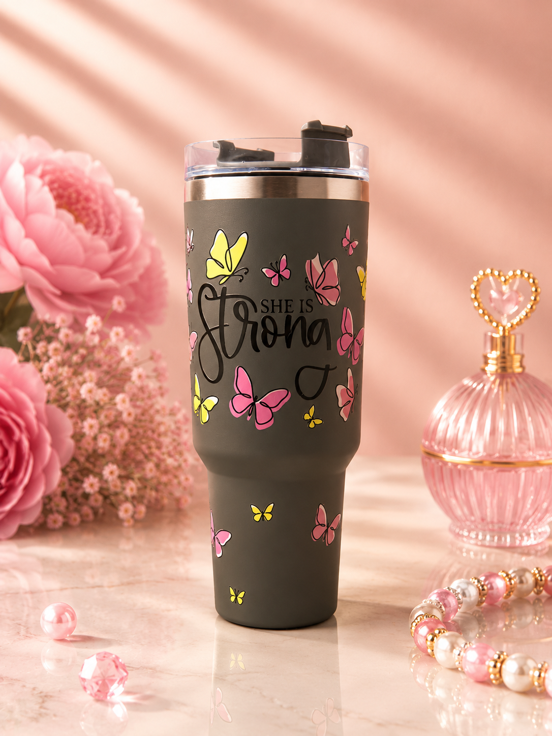 She Is Strong Butterfly Stainless Steel Tumbler – 40 oz