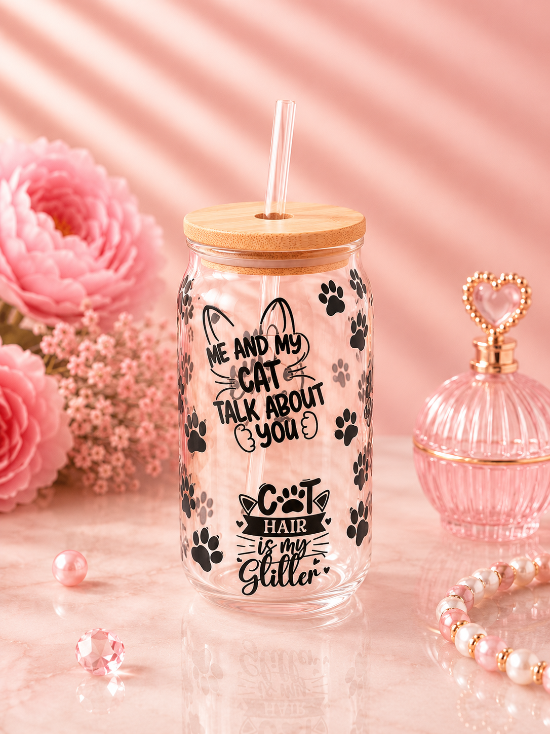 Cat Lover Glass Can Cup with Bamboo Lid – 16 oz