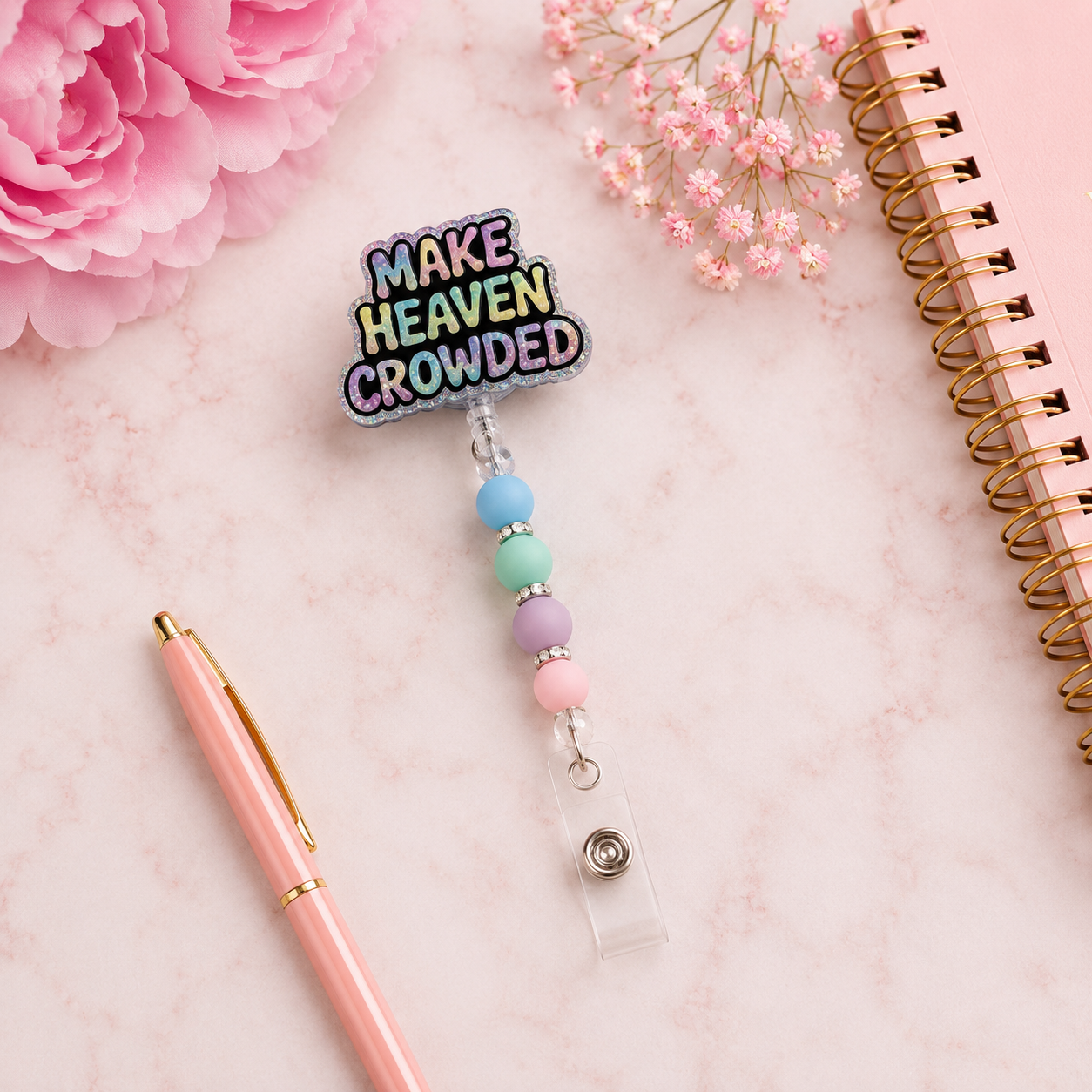 Make Heaven Crowded Beaded Badge Reel
