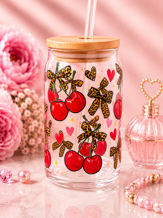 Cherry Kisses & Leopard Wishes Glass Can Cup with Bamboo Lid – 16 oz